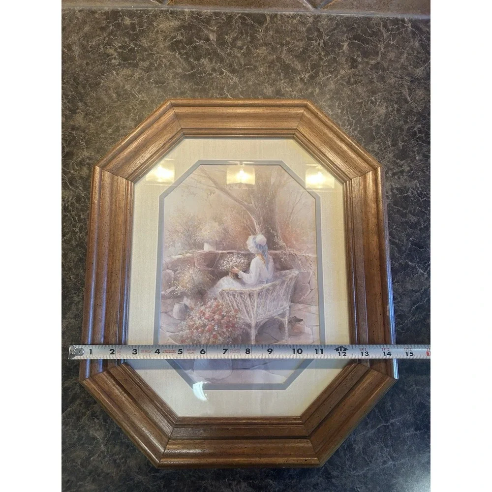 Vintage Octagon Garden Bench Framed HOMCO Blue Bonnet Art Girl White Wicker
